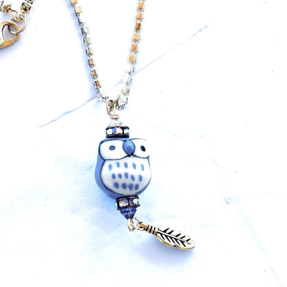 Handmade Rhinestone Periwinkle Blue Owl Necklace